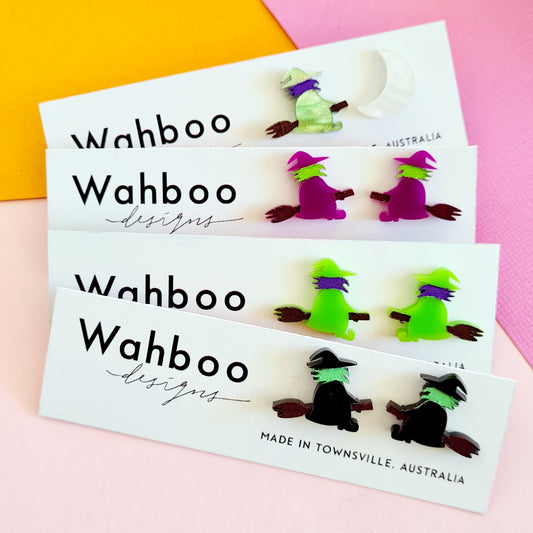 Halloween Witch on a Broomstick Stud Earrings