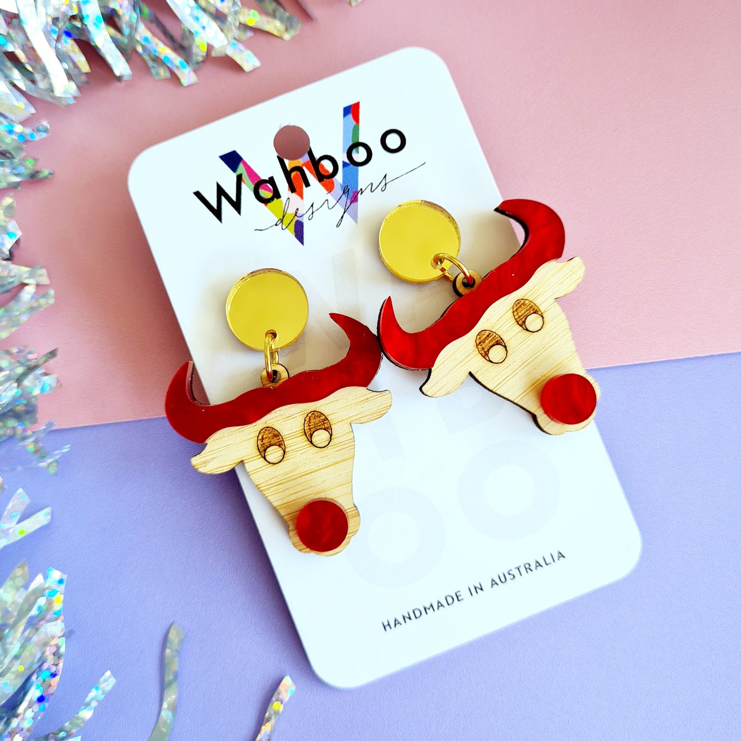 Christmas Country Rudolph Bull Dangle Earrings