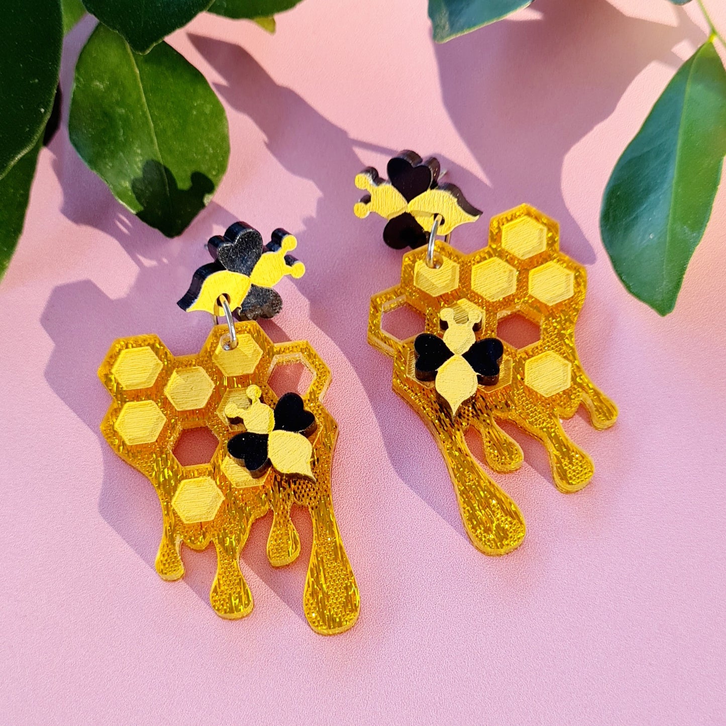Bee on Honeycomb Dangle Earrings