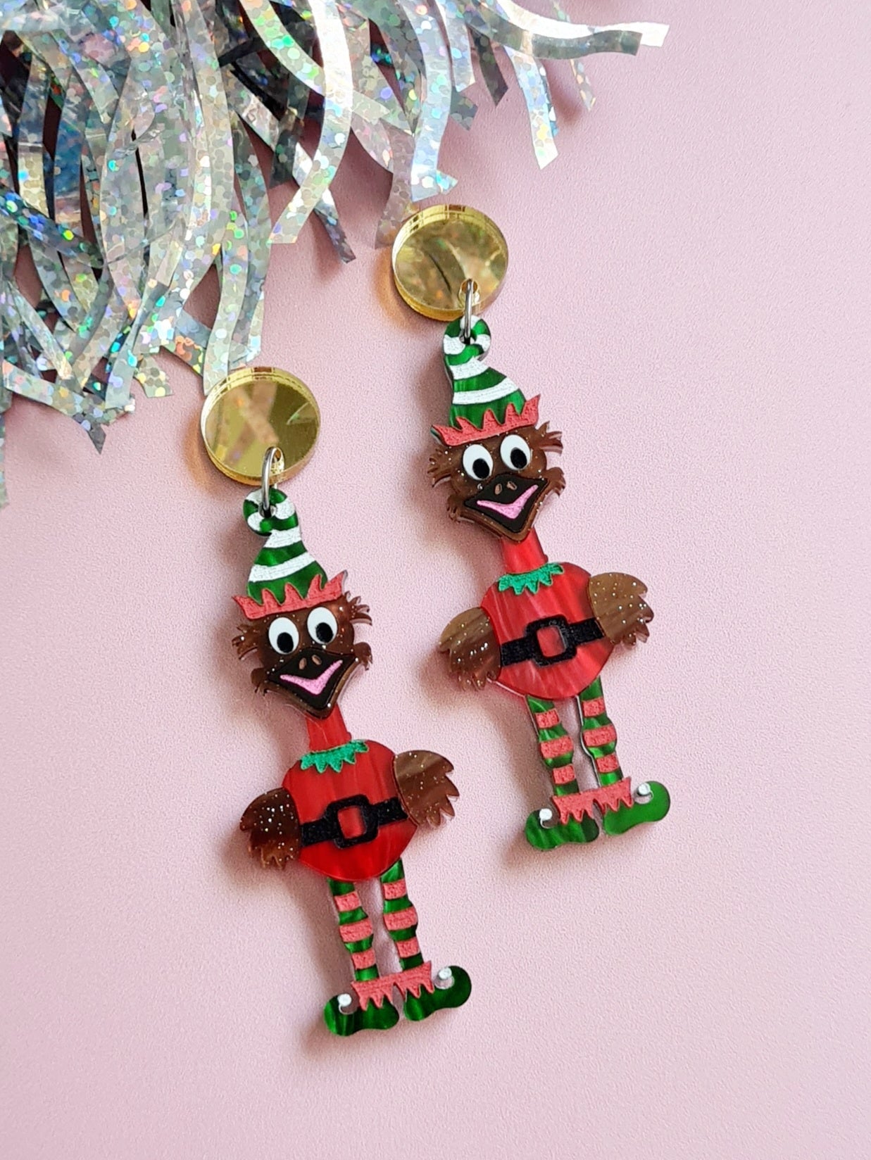 Christmas Elf Emu Dangle Earrings