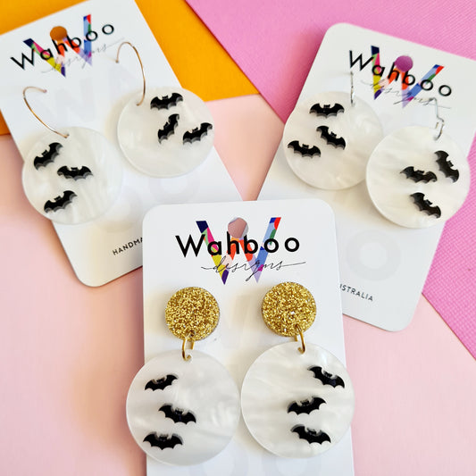 Halloween Full Moon and Bats Dangle Earrings