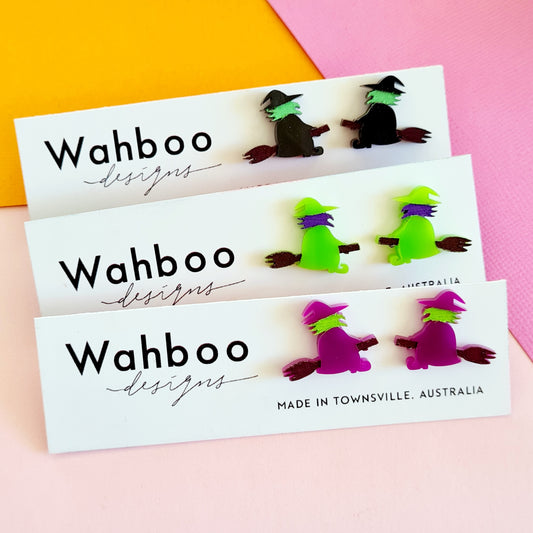 Halloween Witch on a Broomstick Stud Earrings
