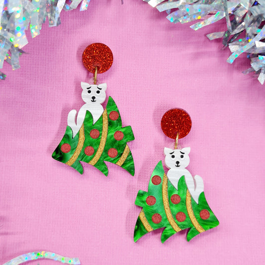 Christmas 'Oopsie, It Wasn't Me' Cat & Dog Dangle Earrings