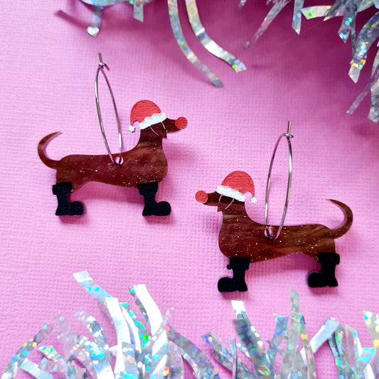 Christmas Dachshund Sausage Dog Dangle Earrings
