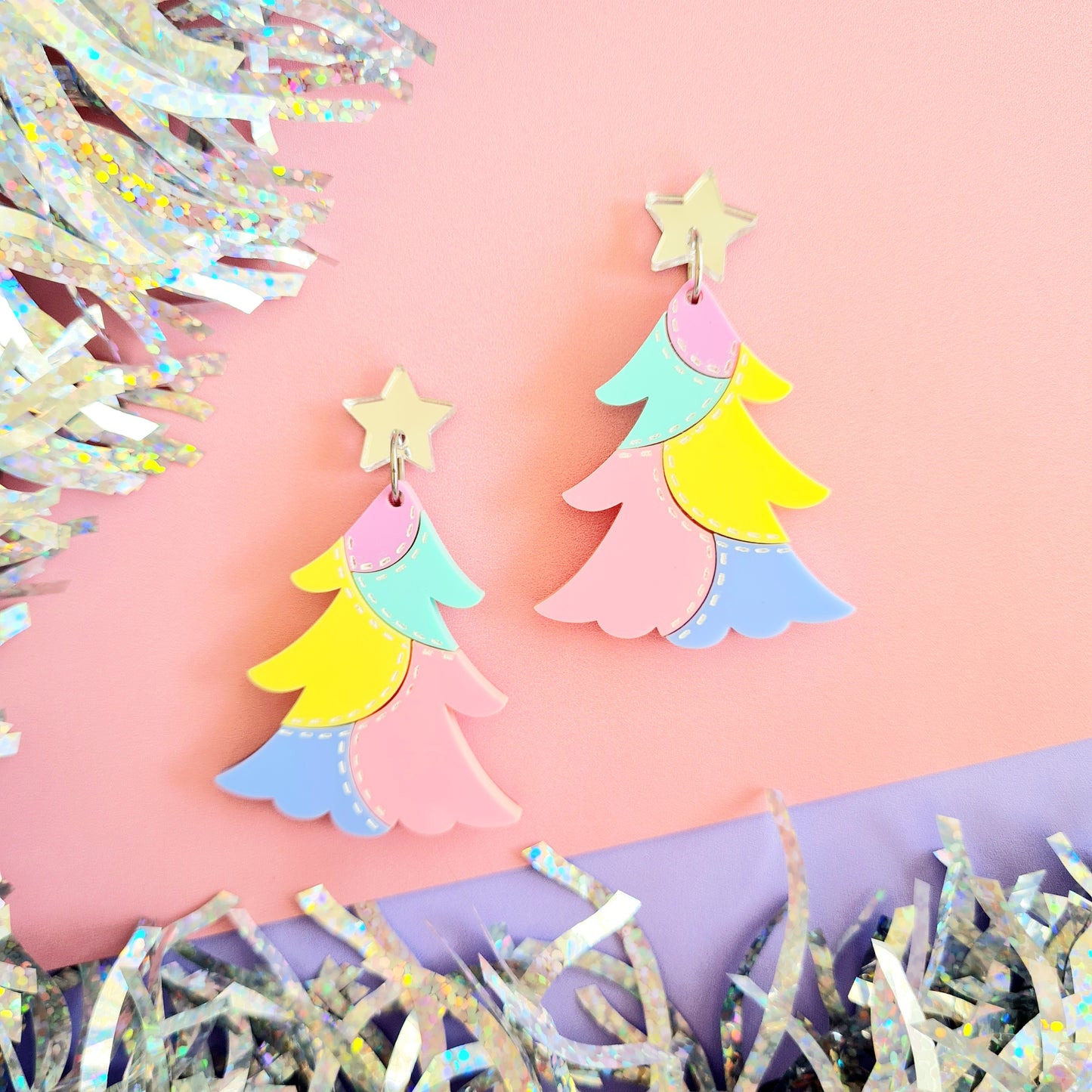 Christmas Tree Patchwork Dangle Earrings