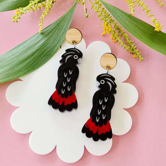 Red Tailed Black Cockatoo Dangle Earrings