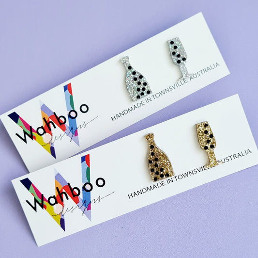 Champagne Bottle and Glass Stud Earrings