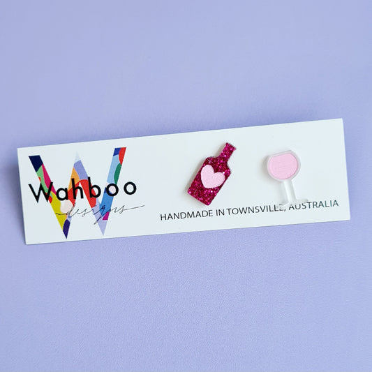 Wine Bottle and Glass Stud Earrings
