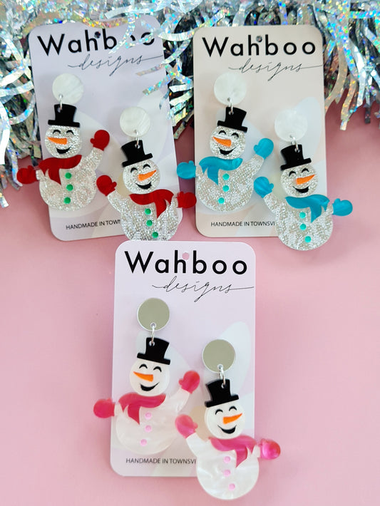 Christmas Waving Snowman Dangle Earrings