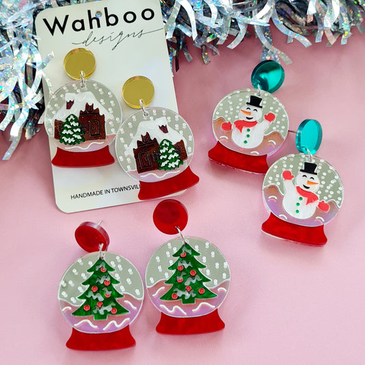 Christmas Snow Globe Log Cabin Dangle Earrings