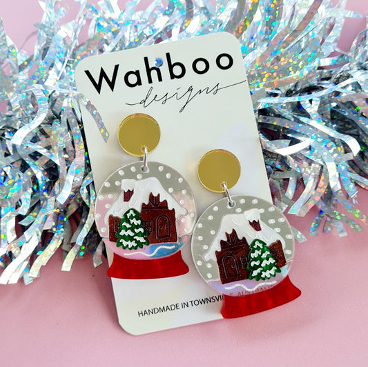 Christmas Snow Globe Log Cabin Dangle Earrings