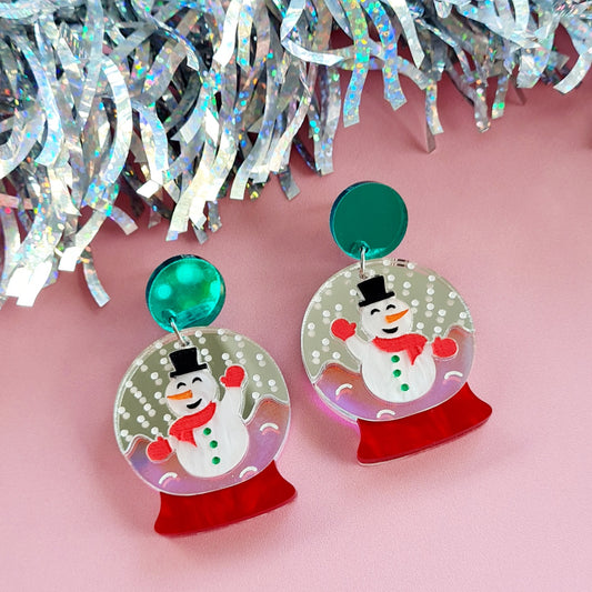 Christmas Snow Globe Snowman Dangle Earrings