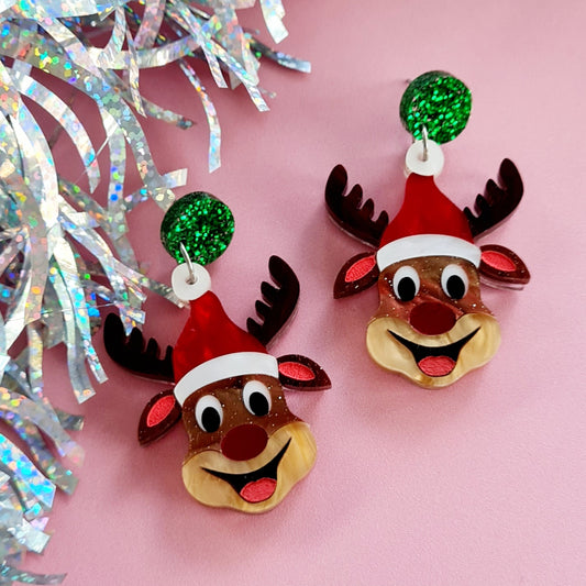 Christmas Happy Rudolph Face Dangle Earrings