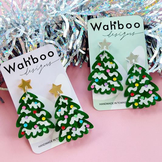 Christmas Tree with Snow Dangle Earrings