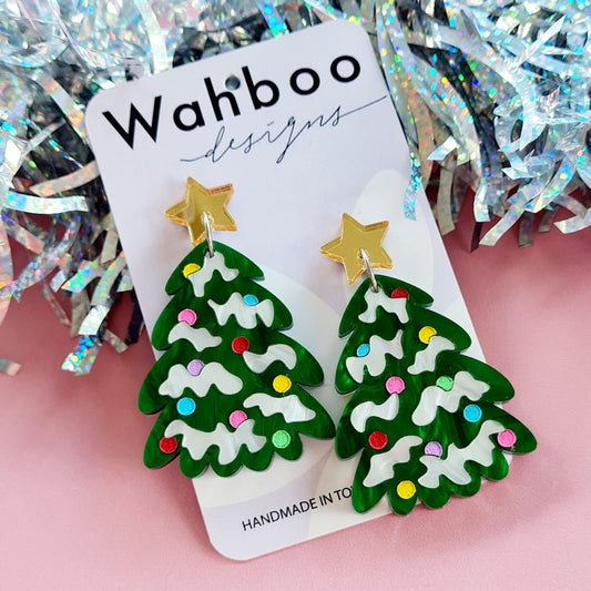Christmas Tree with Snow Dangle Earrings