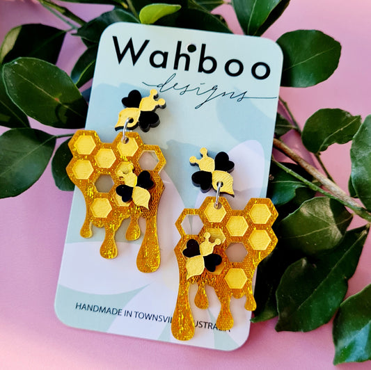 Bee on Honeycomb Dangle Earrings