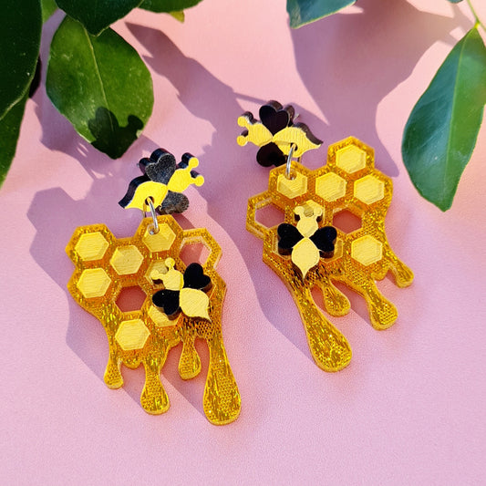 Bee on Honeycomb Dangle Earrings