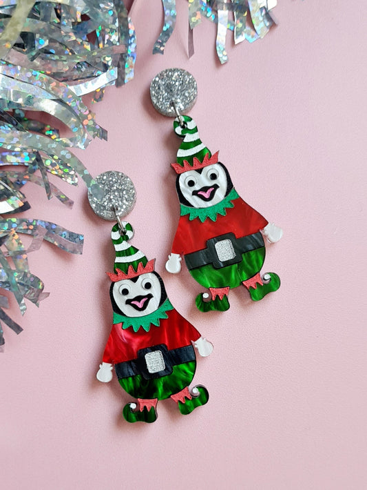 Christmas Elf Penguin Dangle Earrings
