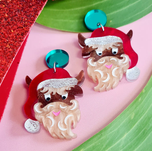Christmas Highland Cow Dangle Earrings
