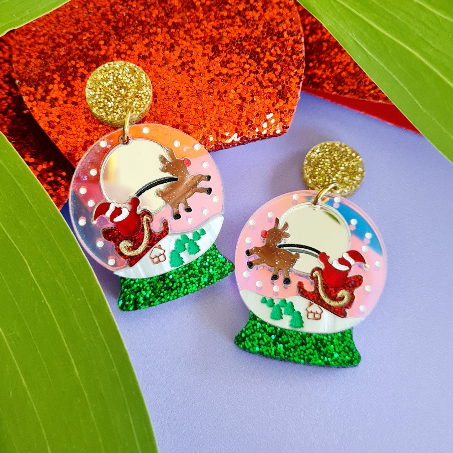 Christmas Snow Globe Santa Flying Dangle Earrings