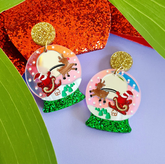Christmas Snow Globe Santa Flying Dangle Earrings