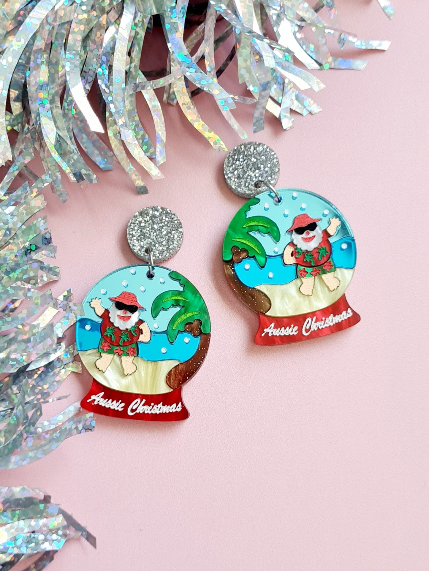 Aussie Christmas Snow Globe Beach Santa Dangle Earrings