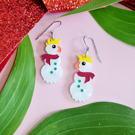Christmas Cockatoo Snowman Dangle Earrings