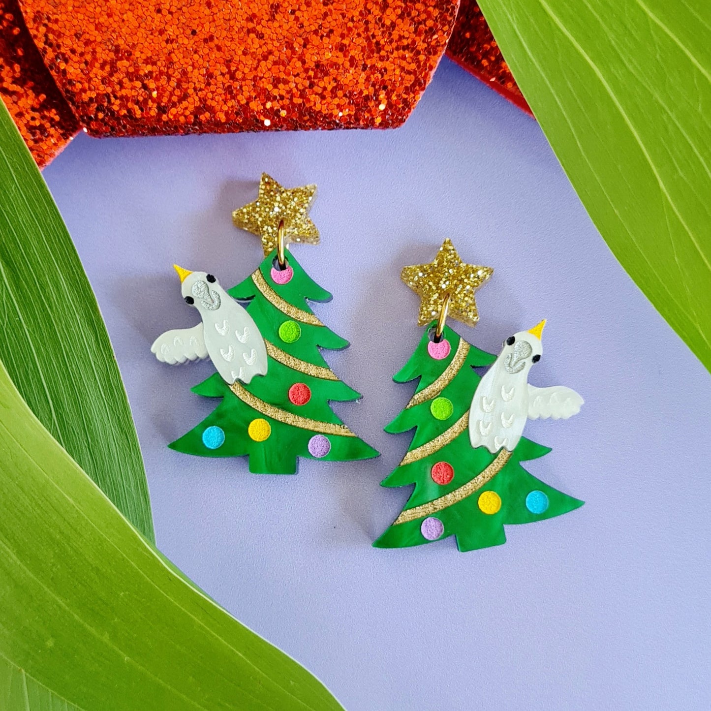 Cockatoo in a Christmas Tree Dangle Earrings