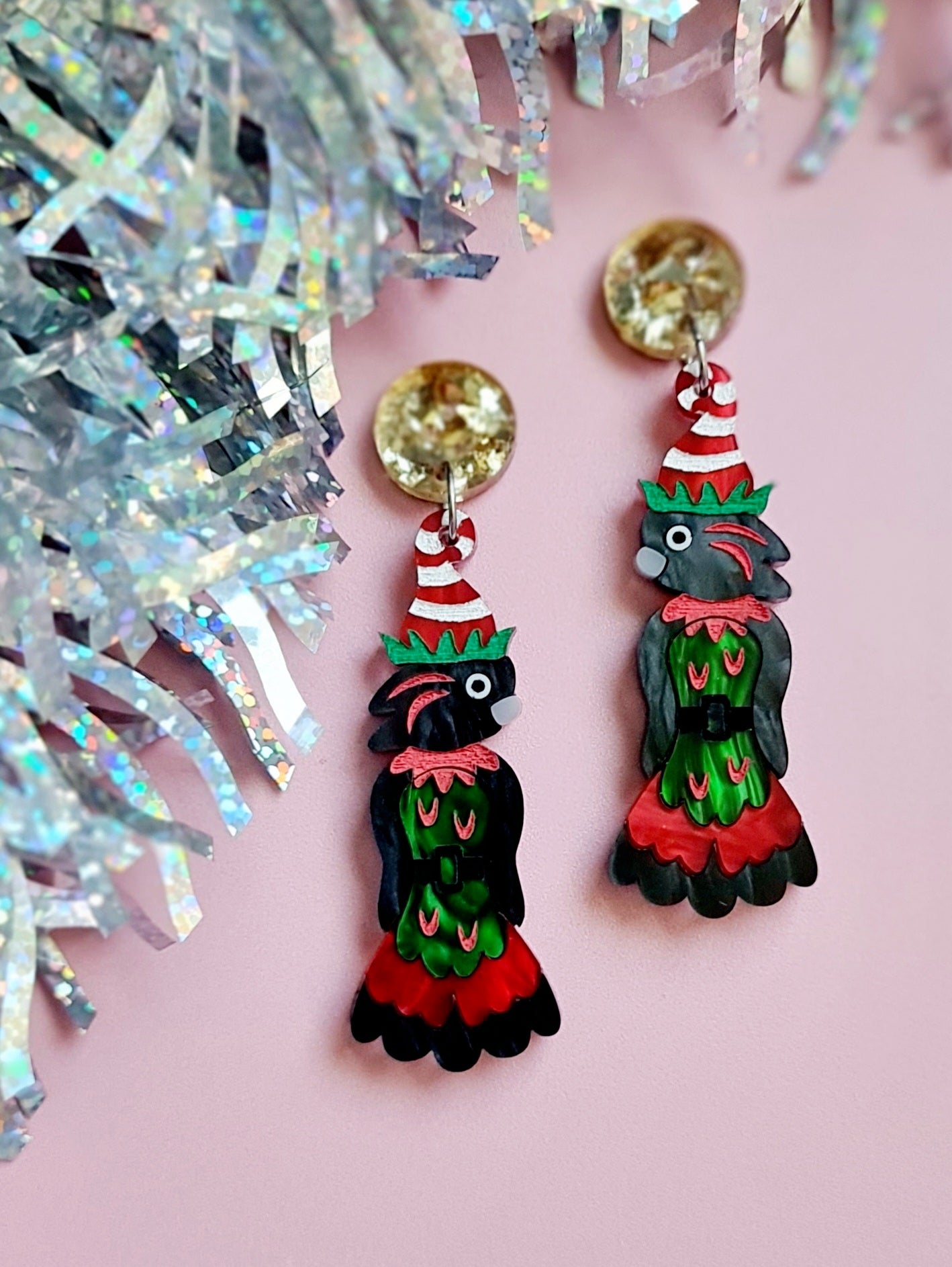Christmas Elf Black Cockatoo Dangle Earrings