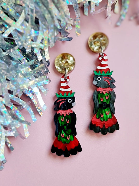 Christmas Elf Black Cockatoo Dangle Earrings