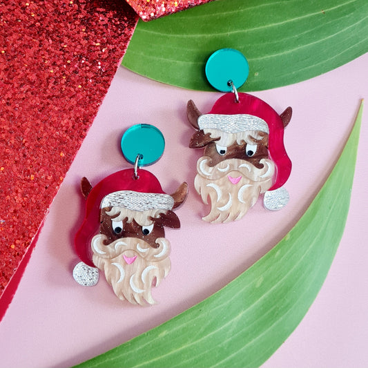Christmas Highland Cow Dangle Earrings