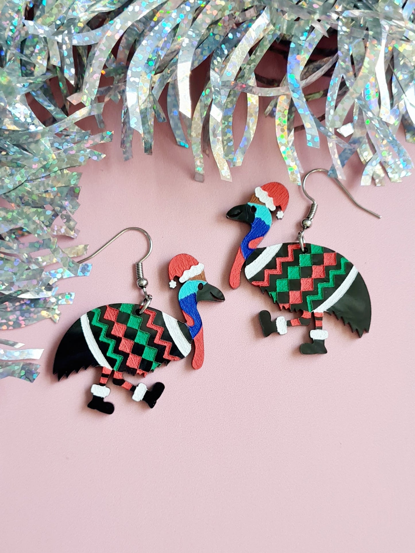 Christmas Cassowary Dangle Earrings