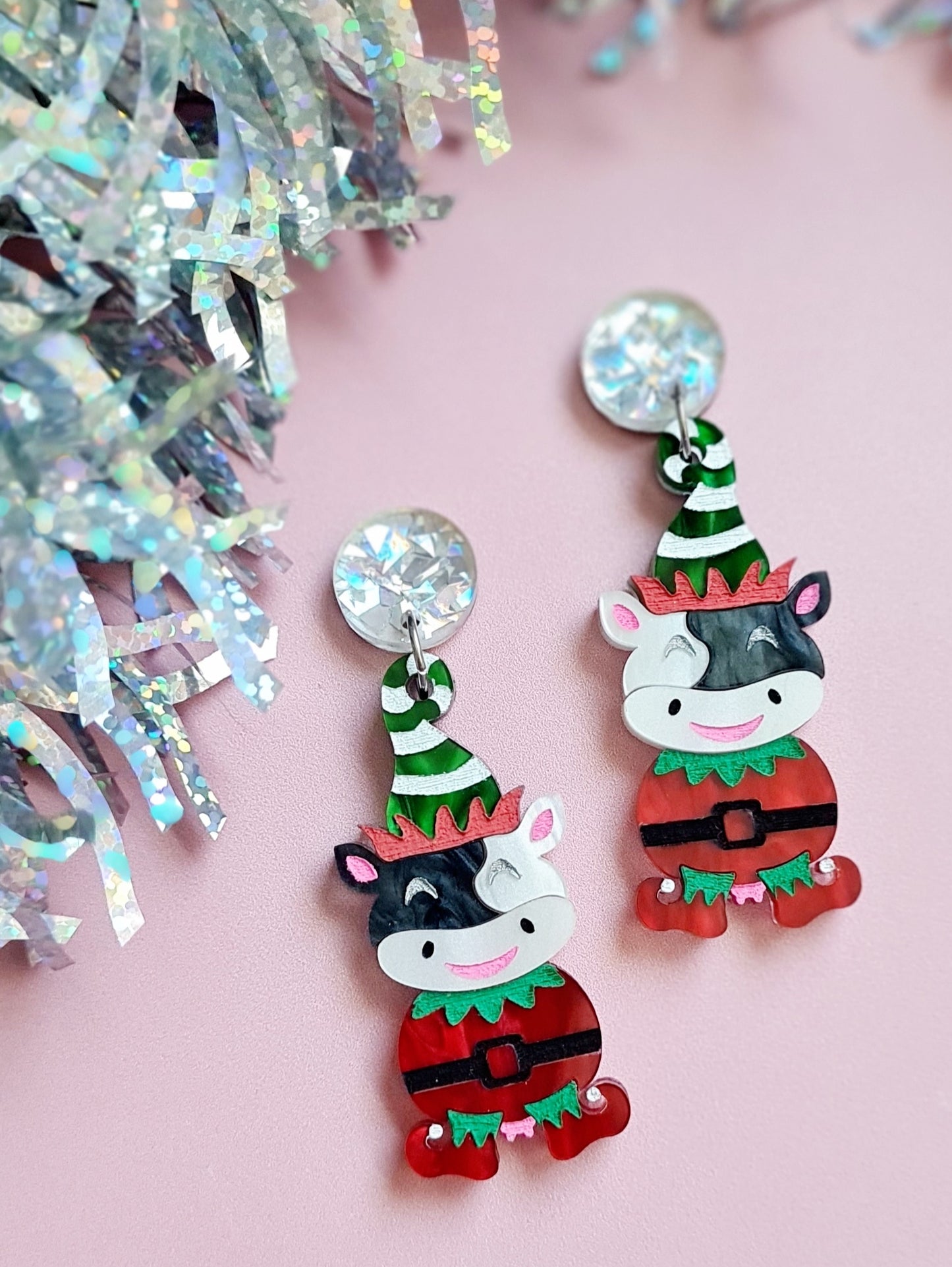 Christmas Elf Cow Dangle Earrings