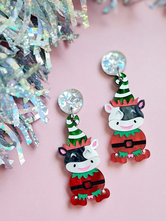 Christmas Elf Cow Dangle Earrings