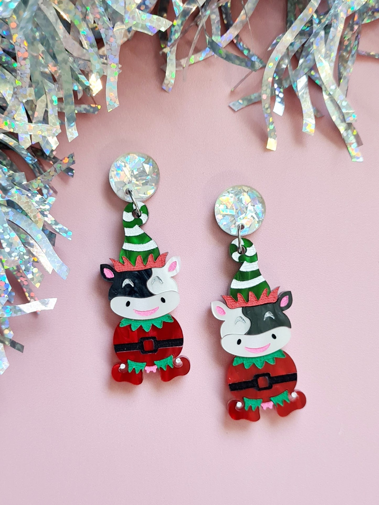 Christmas Elf Cow Dangle Earrings