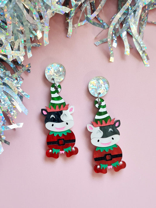 Christmas Elf Cow Dangle Earrings