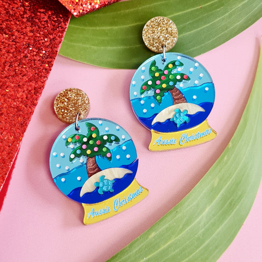 Aussie Christmas Snow Globe Island & Turtle Dangle Earrings