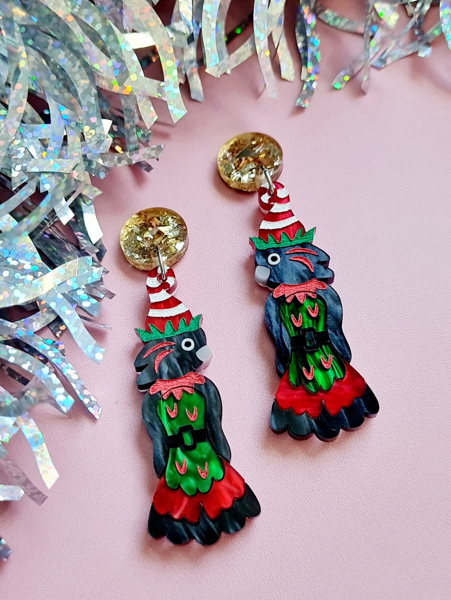 Christmas Elf Black Cockatoo Dangle Earrings