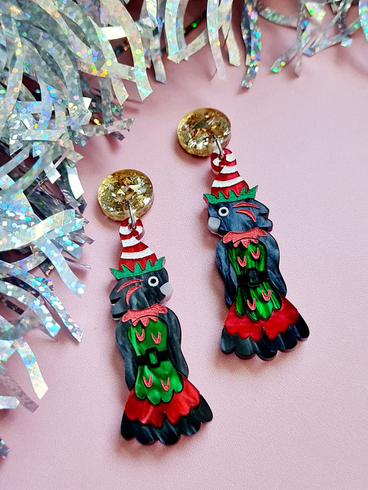 Christmas Elf Black Cockatoo Dangle Earrings