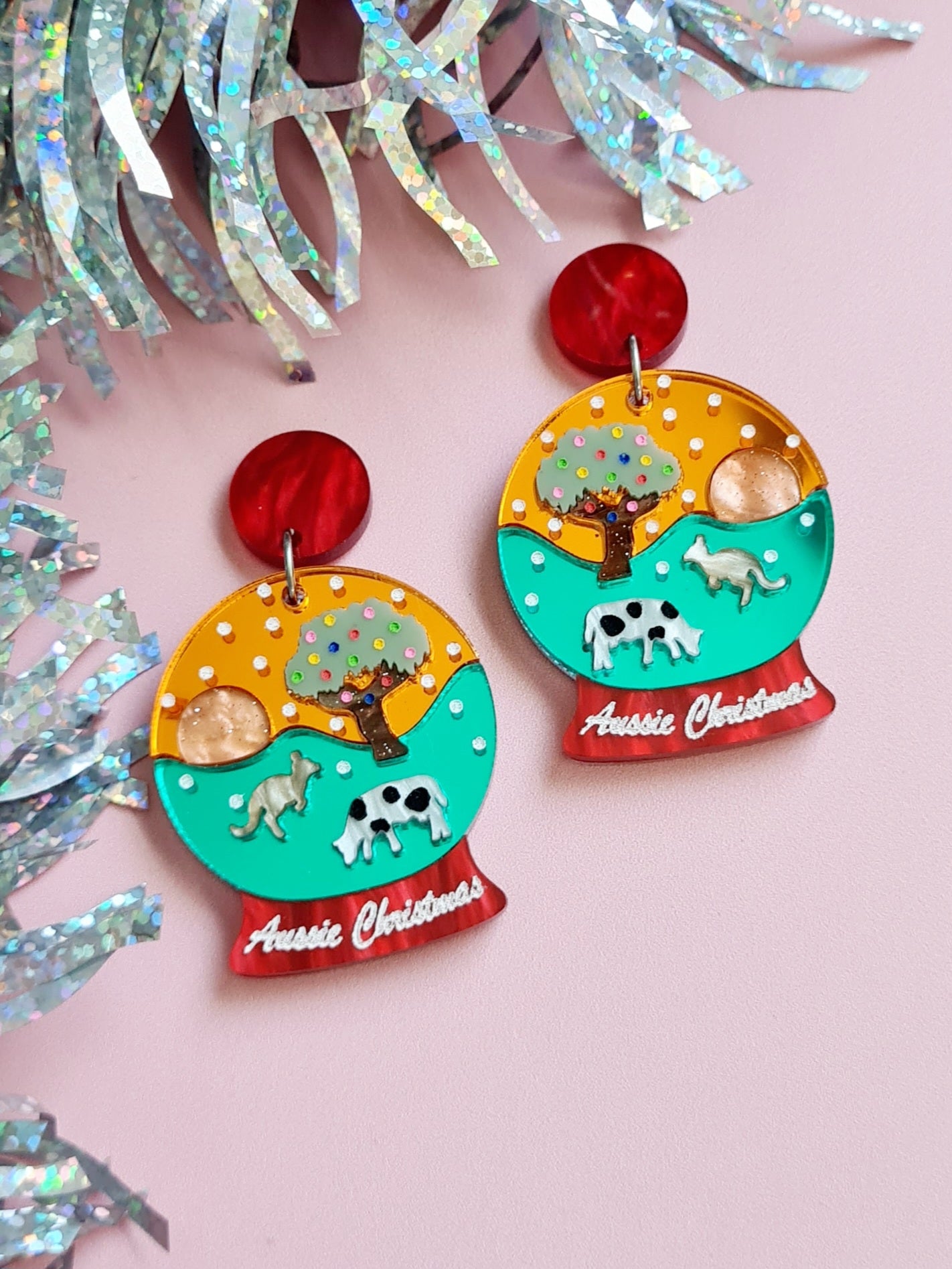 Aussie Christmas Snow Globe Outback Sunset Dangle Earrings
