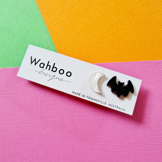 Halloween Moon and Bat Stud Earrings